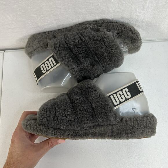 Ugg Sz 7 Oh Yeah Fluffy Double Strap Flat Slippers Slides Sandals in Grey - Picture 4 of 12